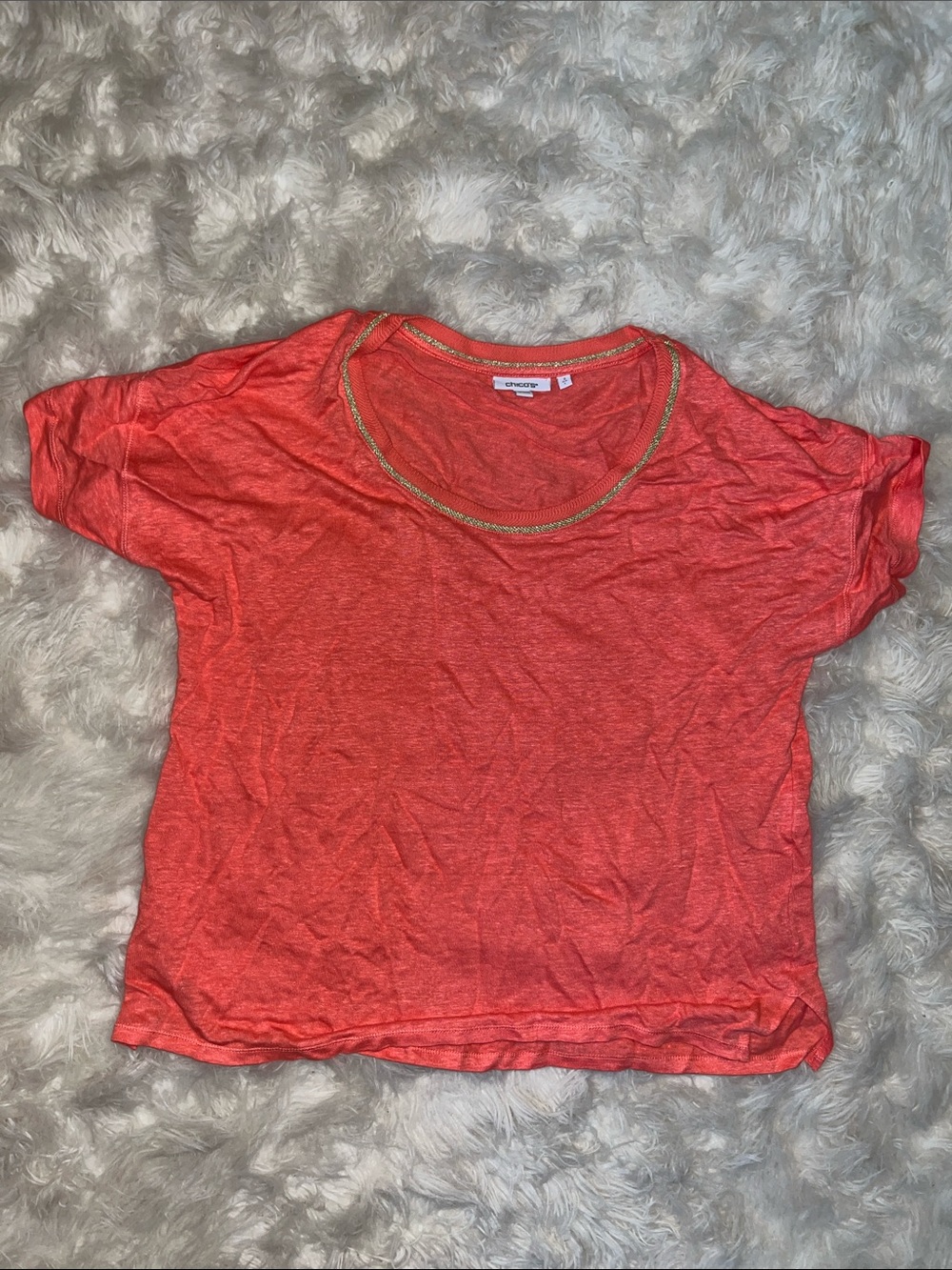 Chico's Coral Short Sleeve Tee with Gold-Trim Neckline